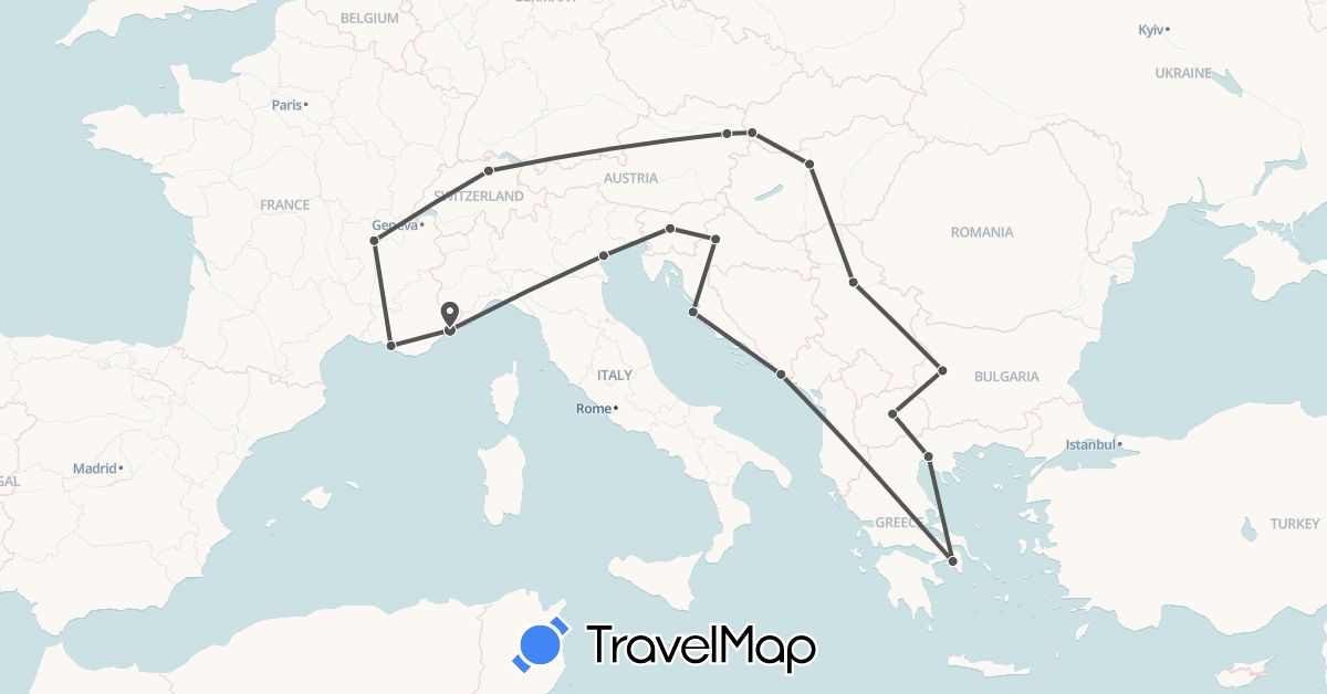 TravelMap itinerary: motorbike in Austria, Bulgaria, Switzerland, France, Greece, Croatia, Hungary, Italy, Macedonia, Serbia, Slovenia, Slovakia (Europe)